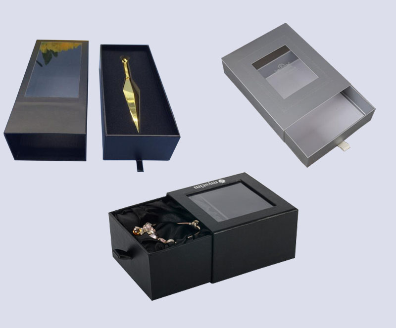 Custom rigid sliding drawer gift box with PVC window on top